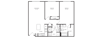 a blueprint of a floor plan of a house with a bedroom and a living room