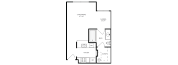 a floor plan of a studio apartment with a bedroom and a living room