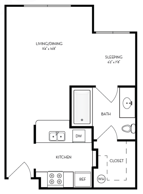 a floor plan of a studio apartment with a bedroom and a living room