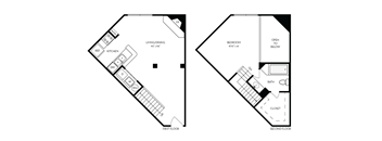 two floor plans of a square floor plan with a bedroom and a living room