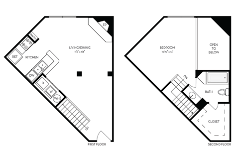 two floor plans of a square floor plan with a bedroom and a living room