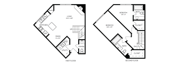 a floor plan of a house with two bedrooms and a living room and a bathroom