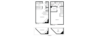 a blueprint of three floor plans of a house with bedrooms and a living room