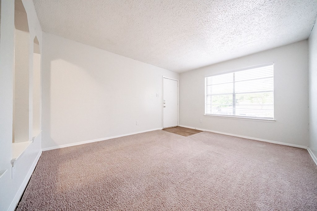 an empty room with carpet and a window
