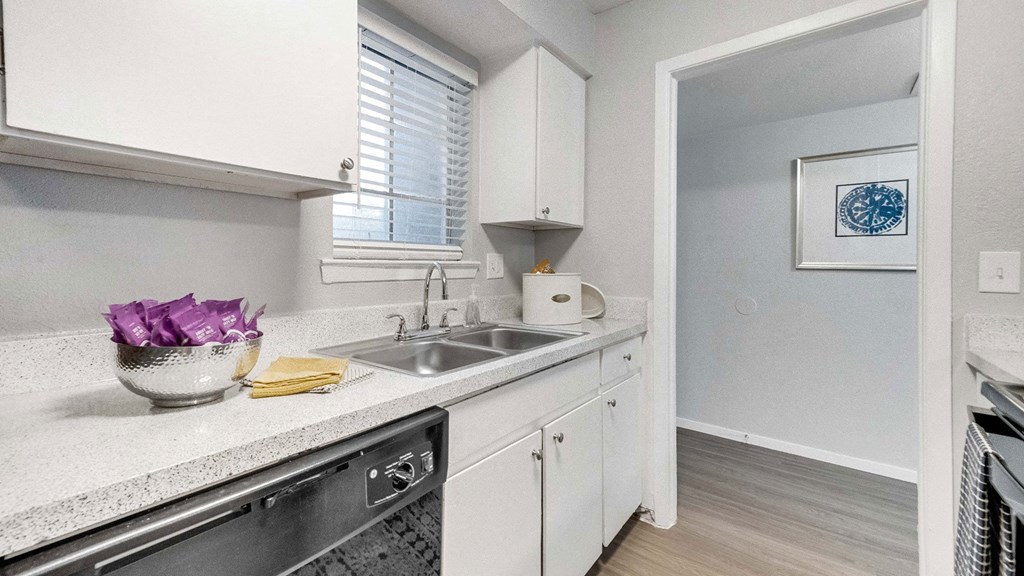 a kitchen with white cabinets and a sink and a window