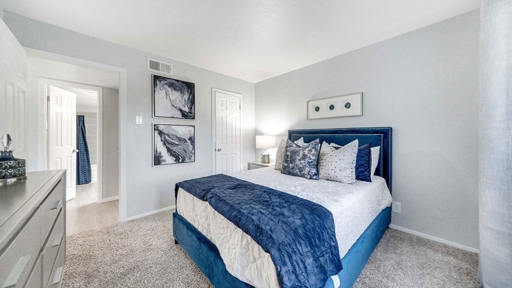 a bedroom with a bed and a closet