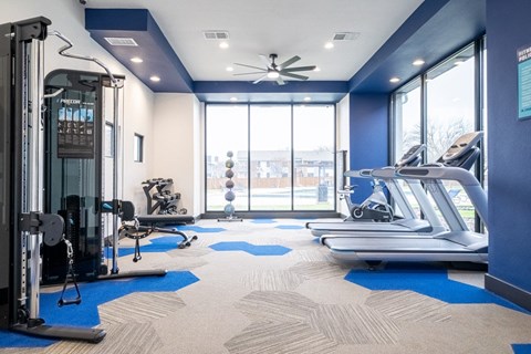 a gym with treadmills and other exercise equipment and a large window