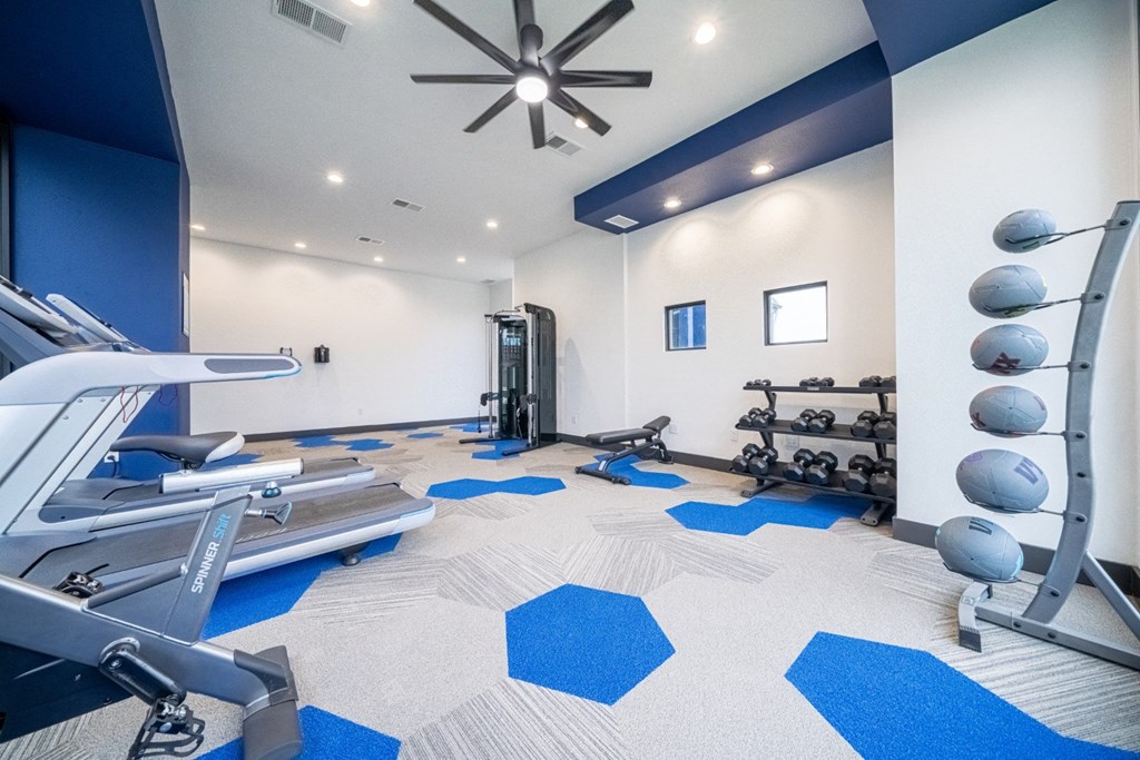 a gym with weights and dumbbells and a ceiling fan