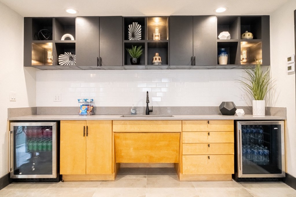 a kitchen with wooden cabinets and a counter top