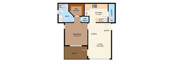 A floor plan of a house with a living room, dining room, kitchen, bedroom, bathroom, and laundry area.