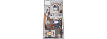 A top-down view of a small apartment with a bedroom, living room, and kitchen.