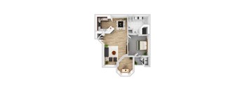 A top down view of a house interior with a kitchen, living room, and bathroom.