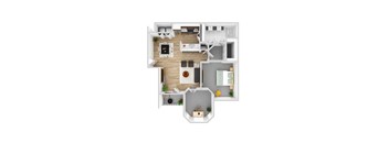 A top-down view of a modern apartment layout with a kitchen, living room, and bedrooms.