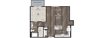 a furnished floor plan with a bedroom and a living room