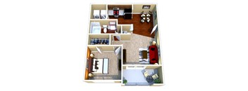 A 3D floor plan of a house showing the layout of the rooms.