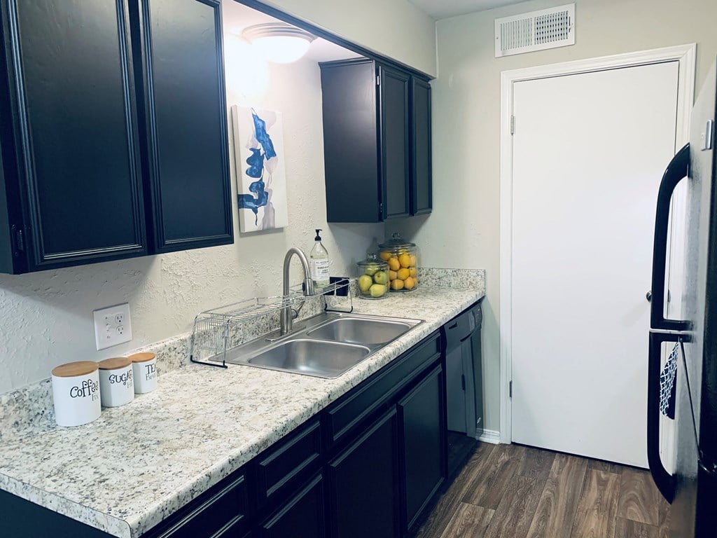 a kitchen with black cabinets and granite counter tops and a sink
