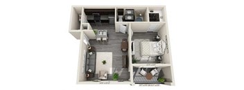 A 3D floor plan of a small apartment with two bedrooms, a living room, and a kitchen.