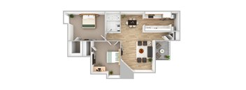 the living room of this apartment is spacious and has a fireplace