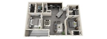 A 3D floor plan of a house with labeled rooms.