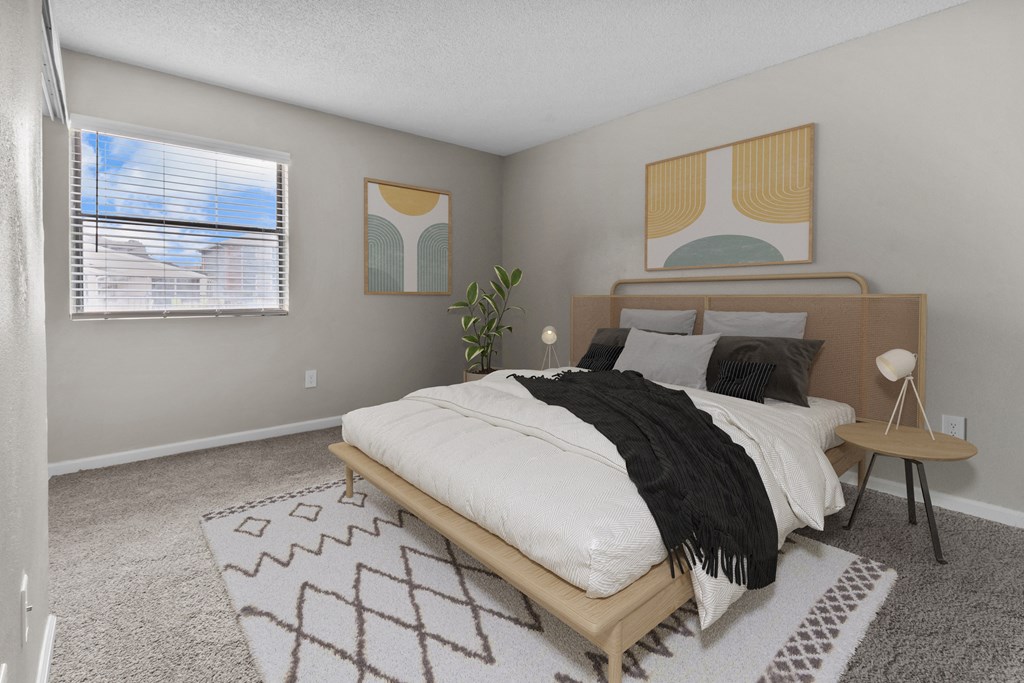 a bedroom with a bed and a window and a rug