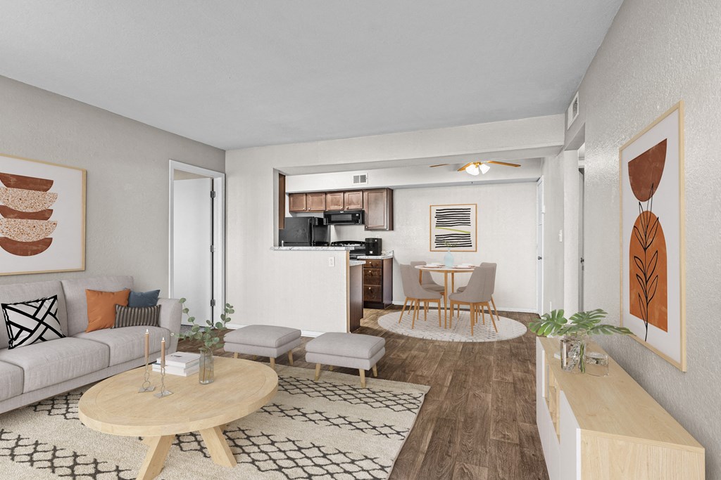 a living room with a couch and a table