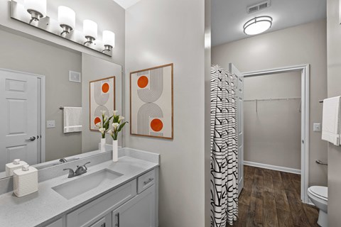 a bathroom with a shower and a sink and a mirror