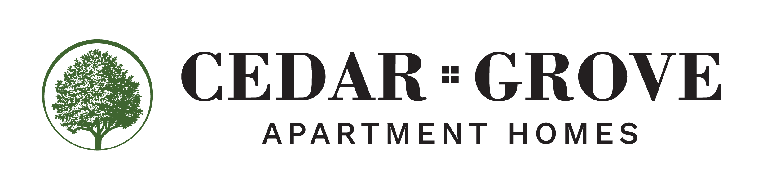 A logo for Cedar Grove Apartment Homes featuring a green tree in an oval.