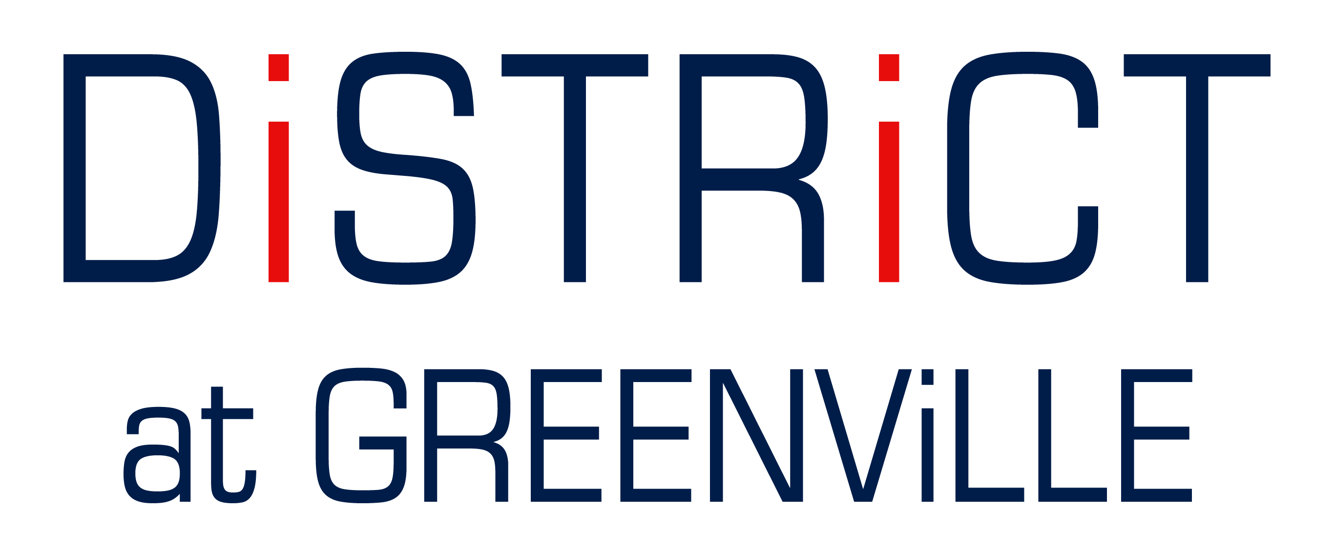 A blue and black sign that says District at Greenville.
