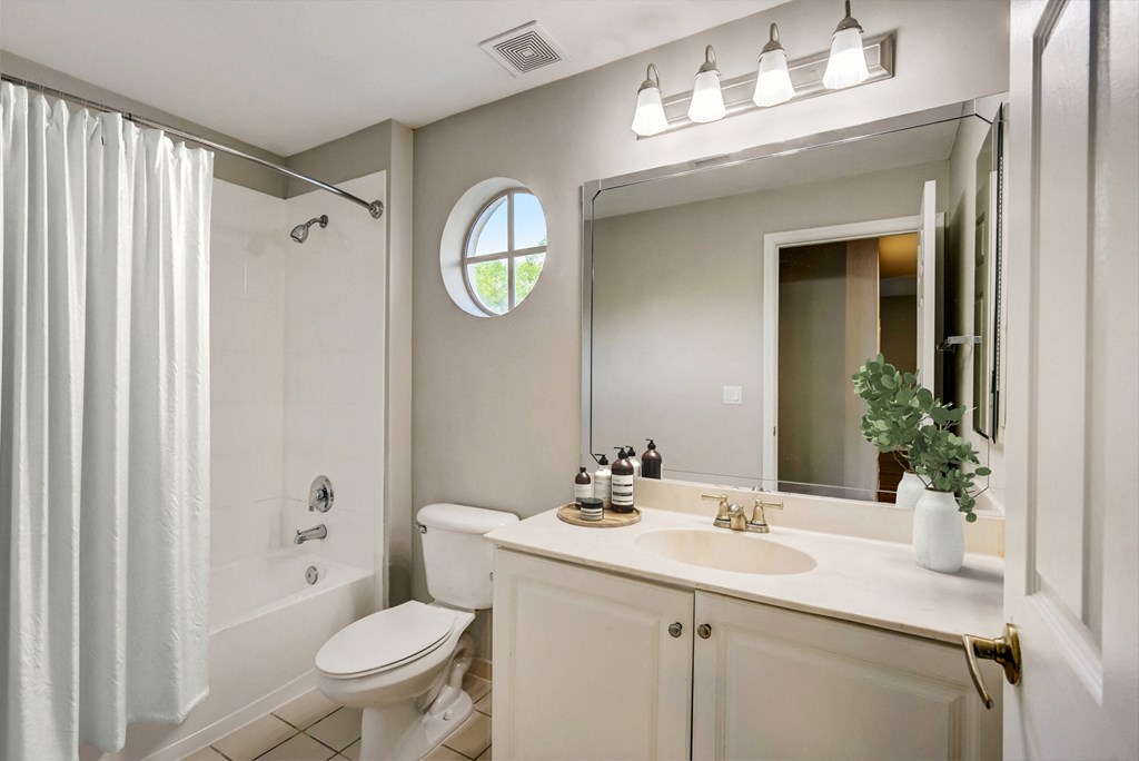 a bathroom with a mirror and a toilet and a shower