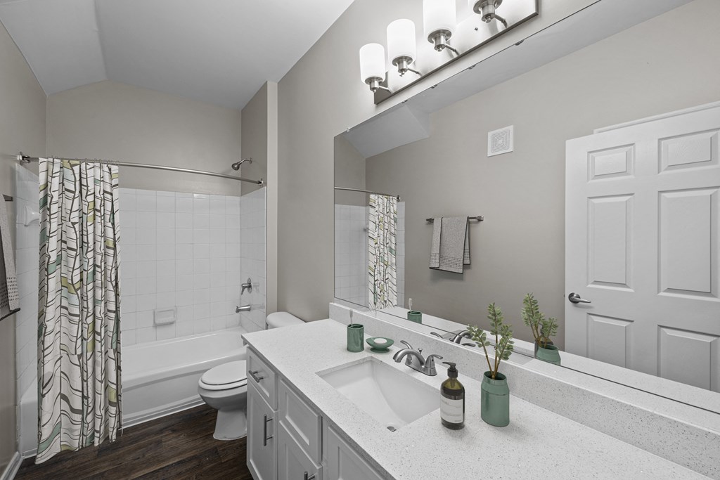 a bathroom with a sink and a shower and a toilet