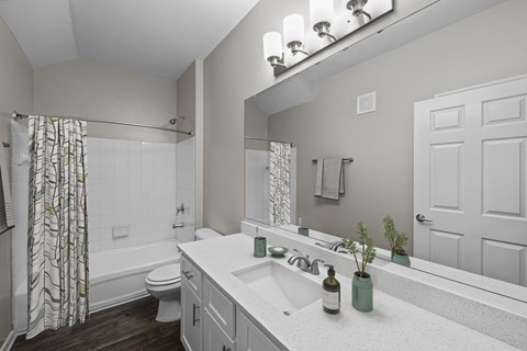 a bathroom with a sink and a shower and a toilet