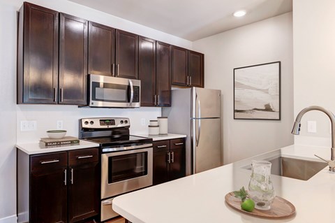 A modern kitchen with dark brown cabinets and stainless steel appliances.