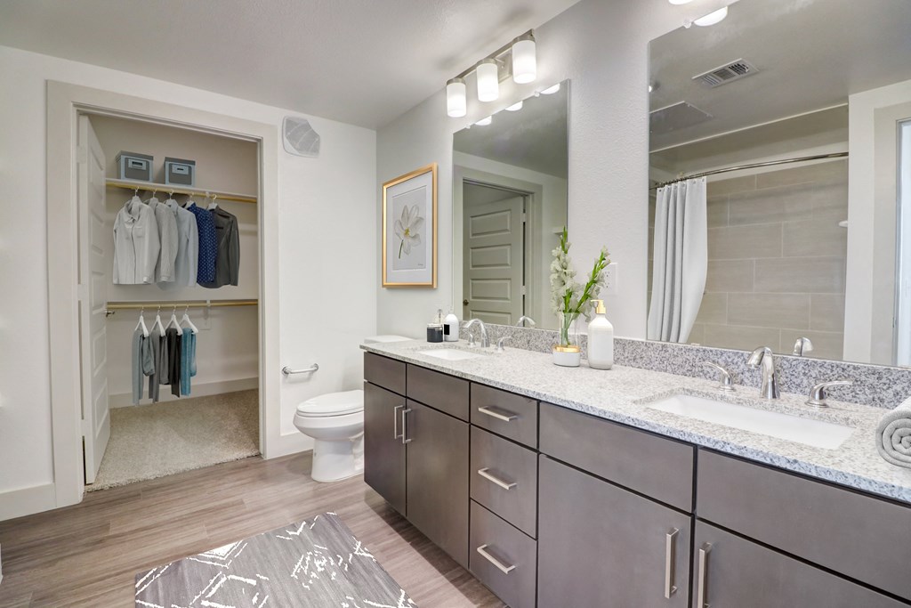 a bathroom with a large mirror and two sinks