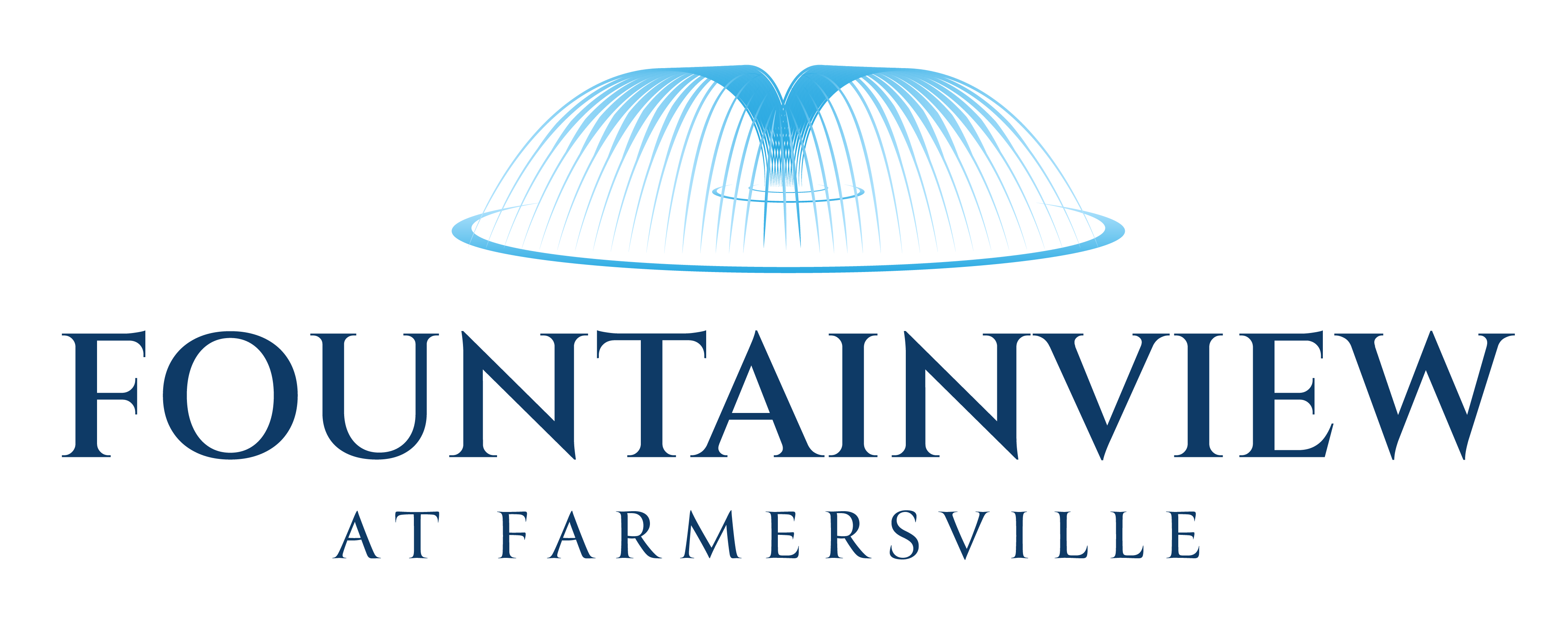 A logo with a blue and black color scheme for Fountainview at Farmersville.