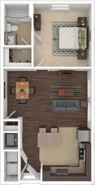 an aerial view of a room with a bedroom and a bathroom