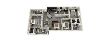 A 3D floor plan of a house with multiple rooms and furniture.