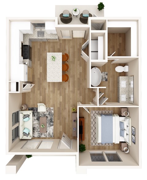 A 3D floor plan of a small apartment with a kitchen, living room, and bedroom.