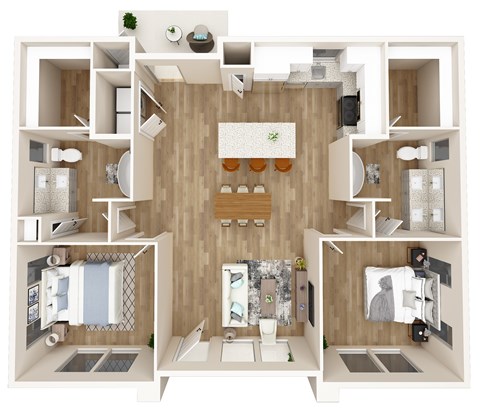 A 3D rendered image of a modern apartment layout.
