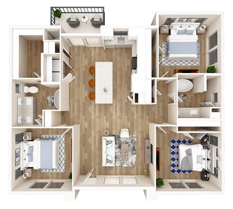 A 3D floor plan of a house with a kitchen, living room, and bathrooms.
