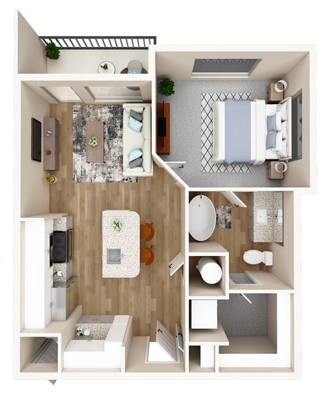 A 3D floor plan of a small apartment with a kitchen, living room, and bathroom.