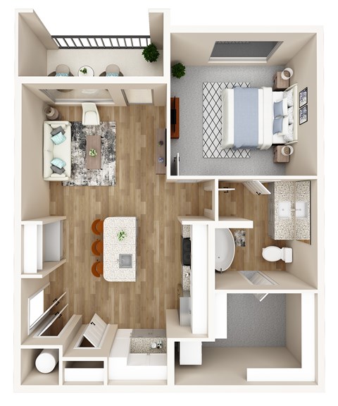 A 3D rendered image of a small apartment with a bedroom, bathroom, and living room.