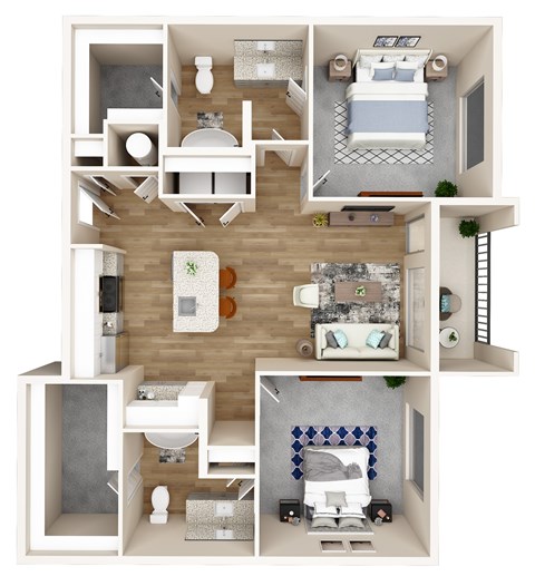 A 3D floor plan of a small apartment with a bedroom, living room, kitchen, and bathroom.