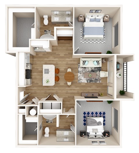 A 3D floor plan of a small apartment with a bedroom, living room, kitchen, and bathroom.