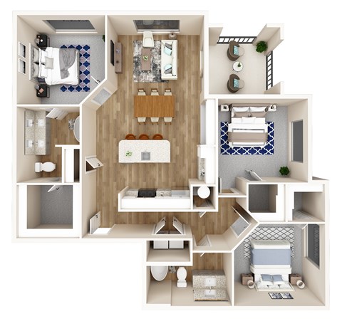 A 3D floor plan of a house showing a kitchen, living room, and bedrooms.