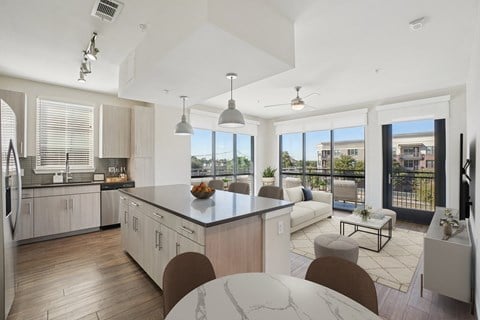 A modern kitchen with a large granite island and a view of Plano, Texas.