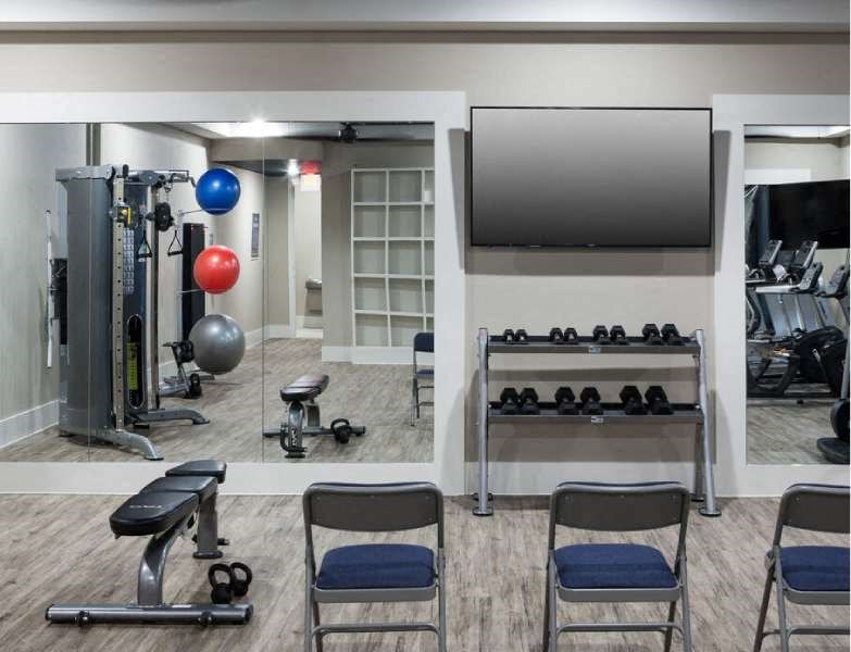 the gym is equipped with weights and a television