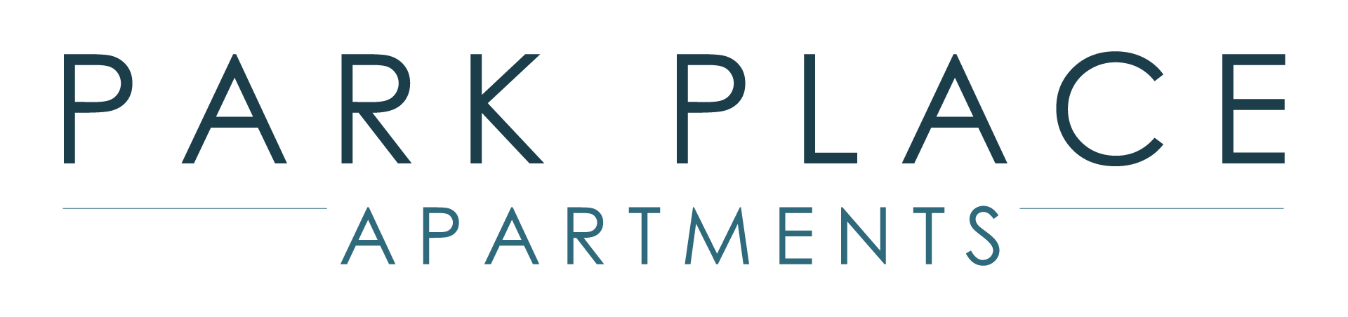The image shows the words "PARK PLACE APARTMENTS" in large, light blue letters on a black background.