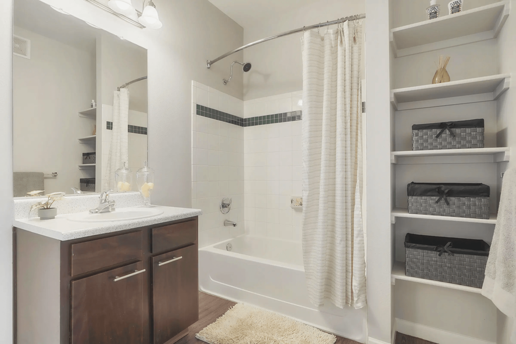 a bathroom with a shower and a sink and a mirror