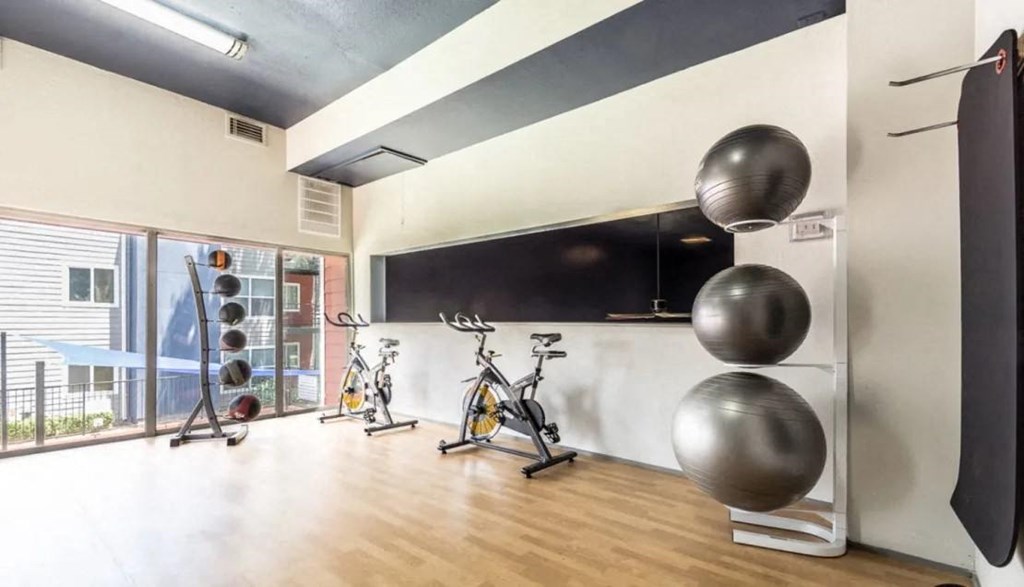 a workout room with weights and cardio machines and a large window