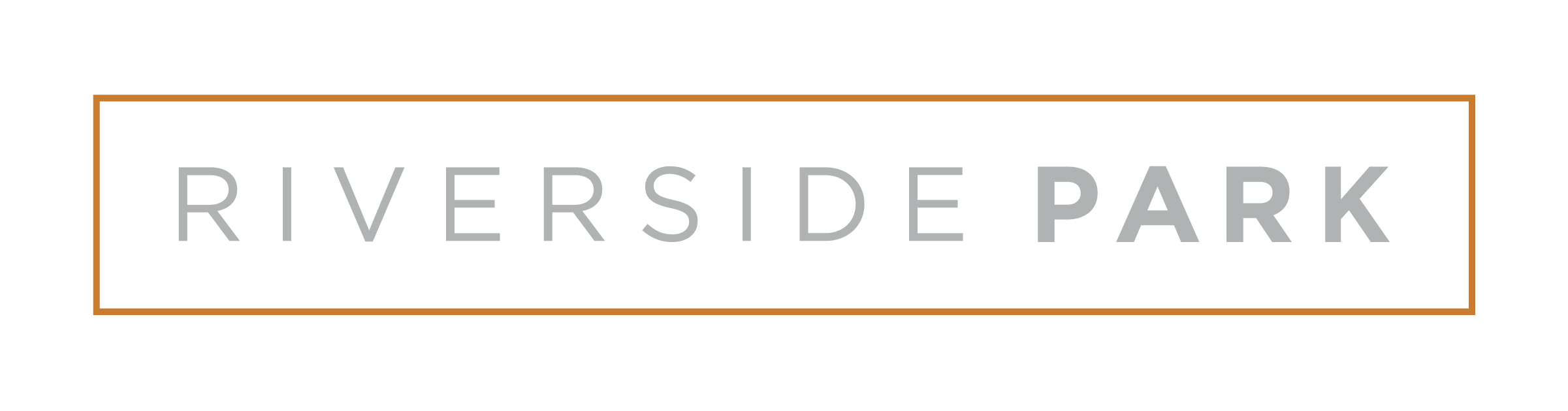 The image displays the text "Riverside Park" in white on a black background with an orange border.